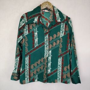 Vintage 70s Trissis Hunter Green Paisley Long Sleeve Top Size 42 Retro